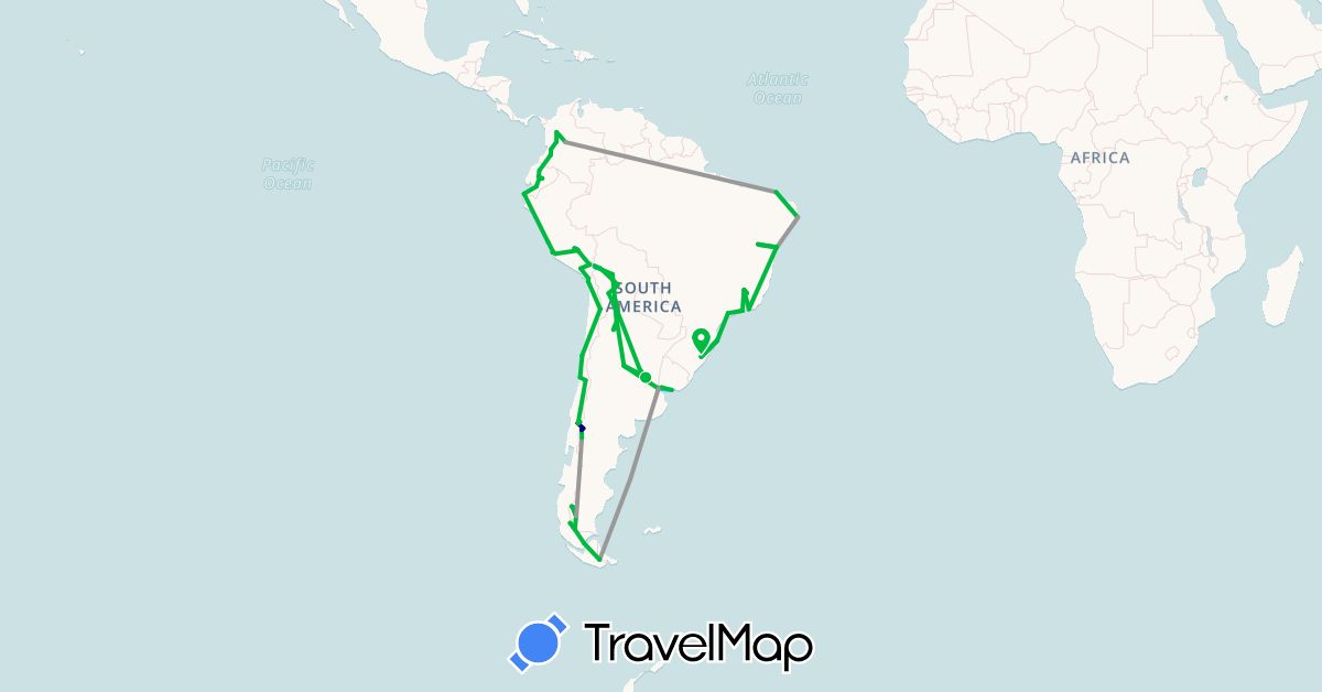 TravelMap itinerary: driving, bus, plane, boat in Argentina, Bolivia, Brazil, Chile, Colombia, Ecuador, Peru, Uruguay (South America)